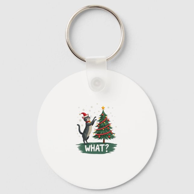 What Funny Cat Pushing Christmas Tree Over Cat Xma Keychain (Front)