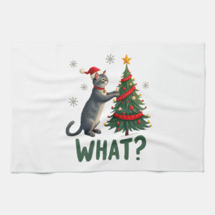 What Funny Cat Pushing Christmas Tree Over Cat Xma Kitchen Towel