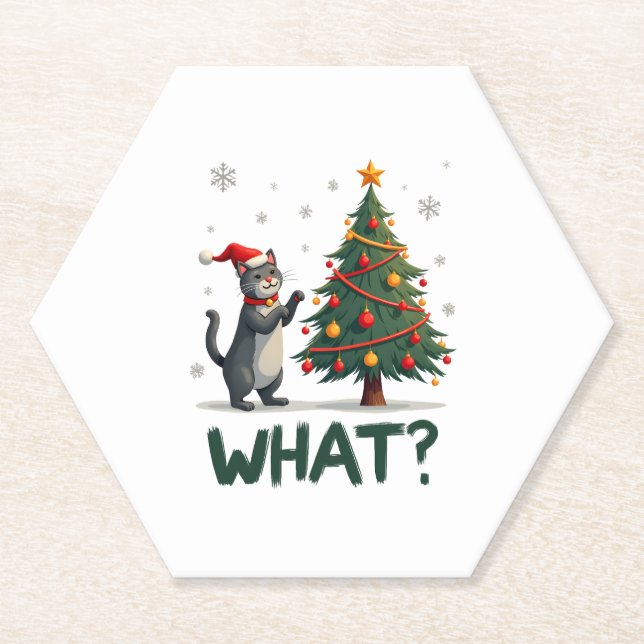 What Funny Cat Pushing Christmas Tree Over Cat Xma Paper Coaster (Front)