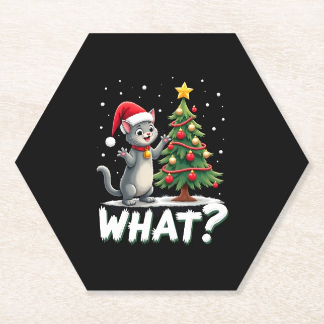 What Funny Cat Pushing Christmas Tree Over Cat Xma Paper Coaster (Front)