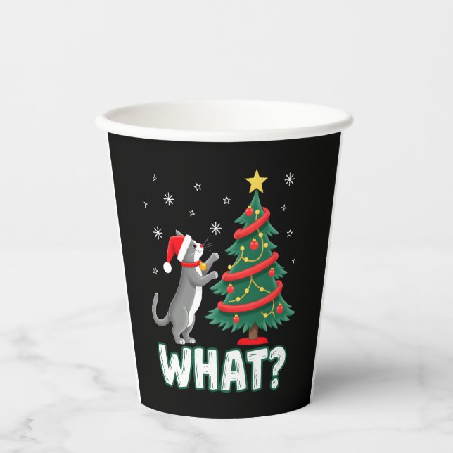 What Funny Cat Pushing Christmas Tree Over Cat Xma Paper Cups (Front)