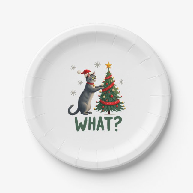 What Funny Cat Pushing Christmas Tree Over Cat Xma Paper Plate (Front)