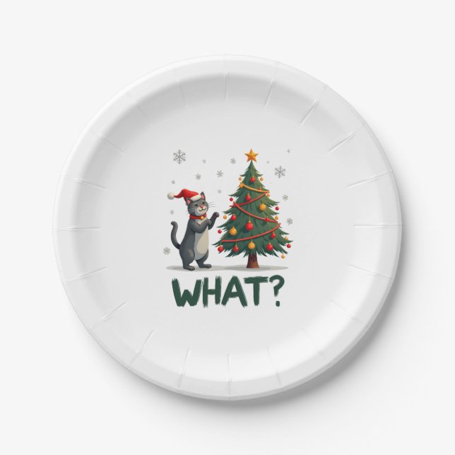 What Funny Cat Pushing Christmas Tree Over Cat Xma Paper Plate (Front)