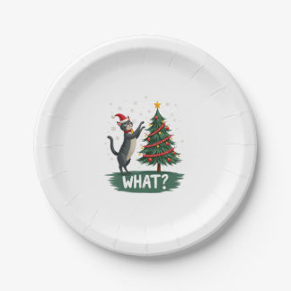 What Funny Cat Pushing Christmas Tree Over Cat Xma Paper Plate