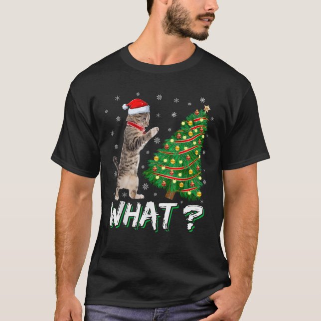 What Funny Cat Pushing Christmas Tree Over Cat Xma T-Shirt (Front)
