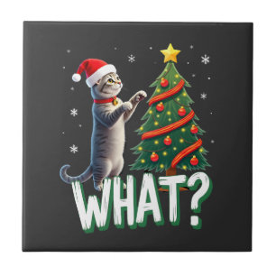 What Funny Cat Pushing Christmas Tree Over Cat Xma Tile