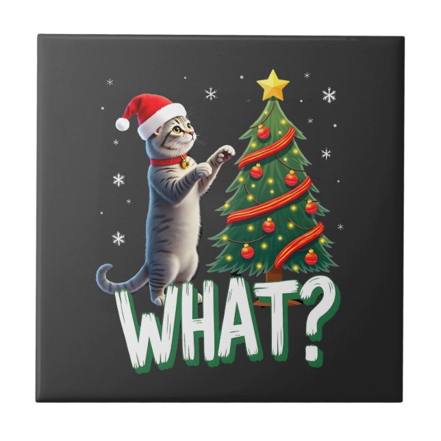 What Funny Cat Pushing Christmas Tree Over Cat Xma Tile (Front)