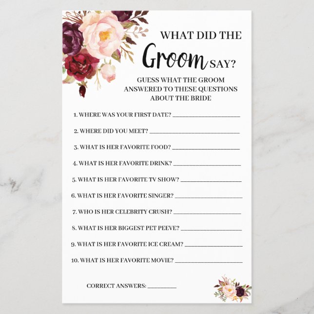 What Groom say Marsala Bridal Shower Game Card (Front)