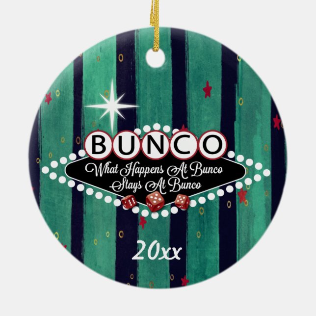 What Happens At Bunco Holiday Stripe Ceramic Ornament (Back)
