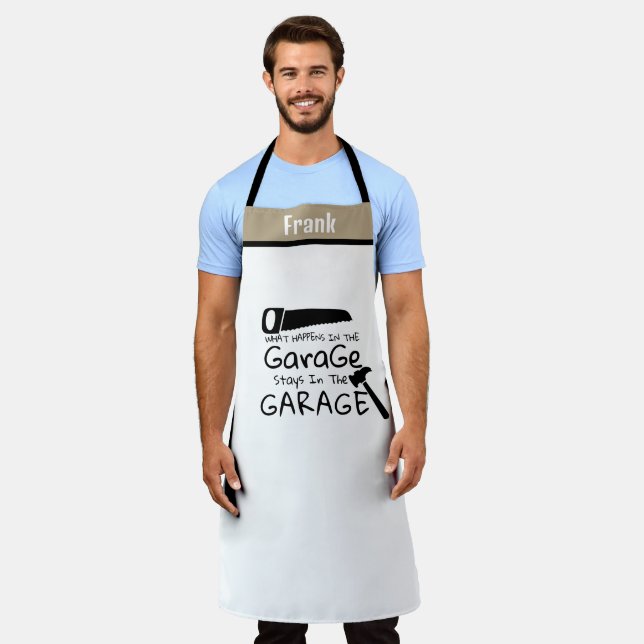 "What Happens in Garage" Funny Handyman Apron (Worn)