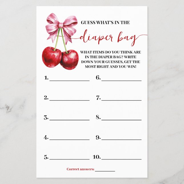 What is in Diaper Bag Cherry Baby Shower Game Card (Front)