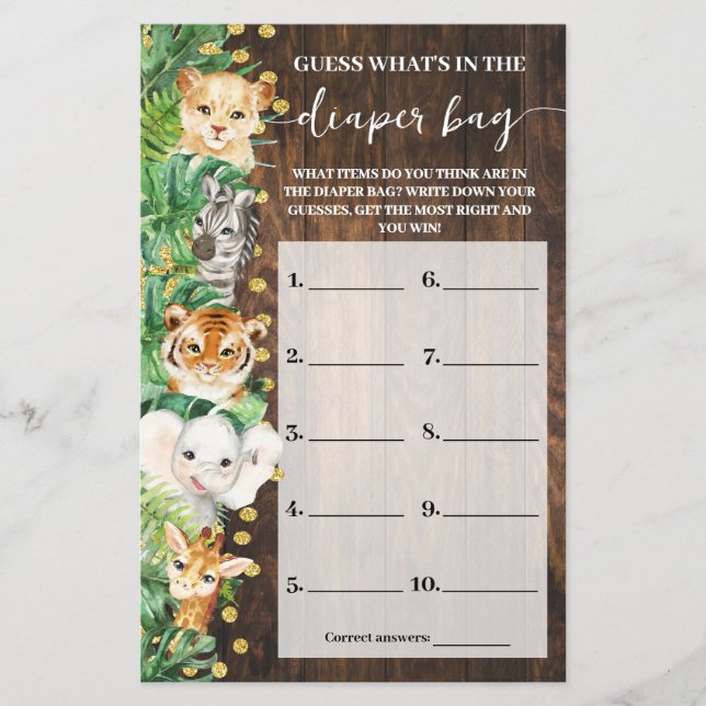 What is in Diaper Bag Safari Baby Shower Game Card (Front)