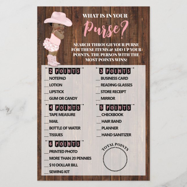 What is In Purse AA Cowgirl Baby Shower Game Card (Front)