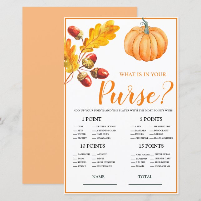 What is in Purse Fall Pumpkin Bridal Game (Front/Back)