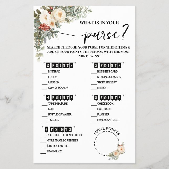 What is in Purse Winter Bridal Shower Game Card (Front)