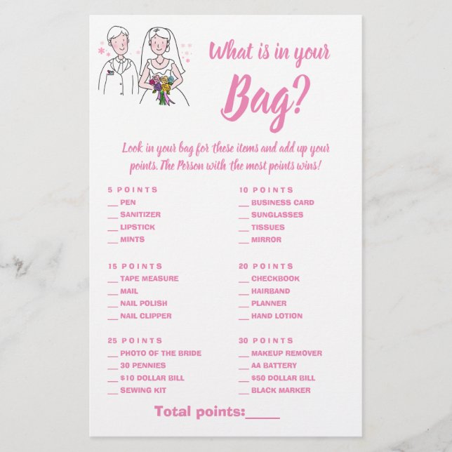 What is in your Bag Shower Game Card Pink Love (Front)