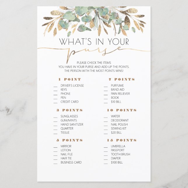 What Is In Your Purse Baby Shower Game Card (Front)