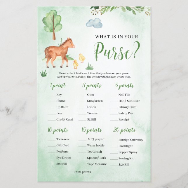 What is in your purse Baby Shower game farm theme (Front)