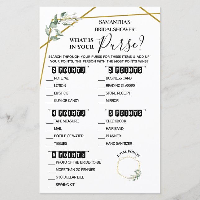 What is in your Purse bridal shower bilingual game (Front)