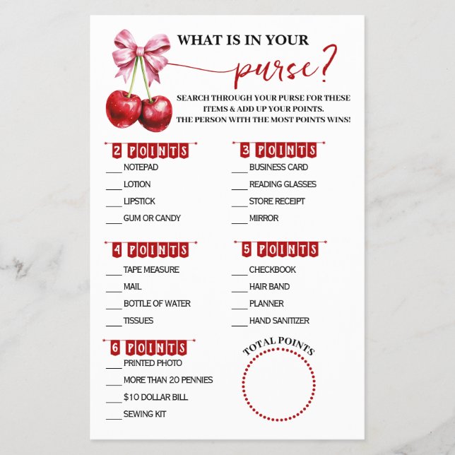 What is in your Purse Cherry Baby Shower Game Flyer (Front)