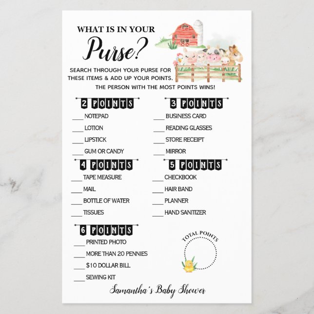 What is in your Purse Farm Baby Shower Game Card (Front)