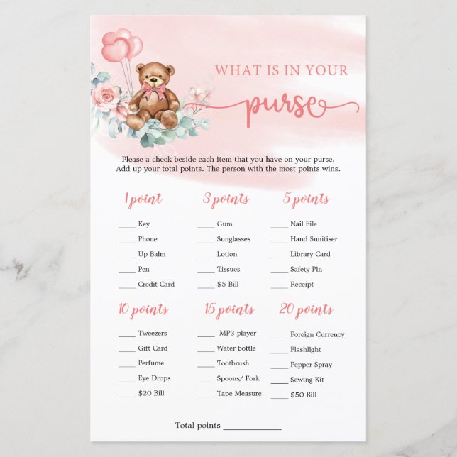 What is in Your Purse Game Teddy Bear Eucalyptus (Front)