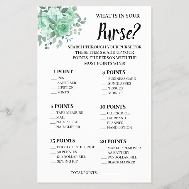 What is in your Purse GreenRoses Shower Game Card (Front)