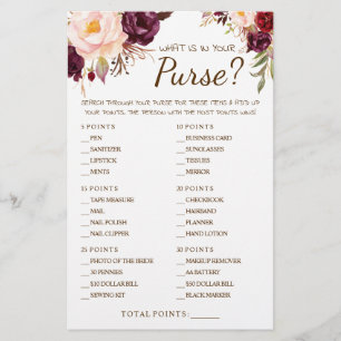 What is in your Purse Marsala Shower Game Card