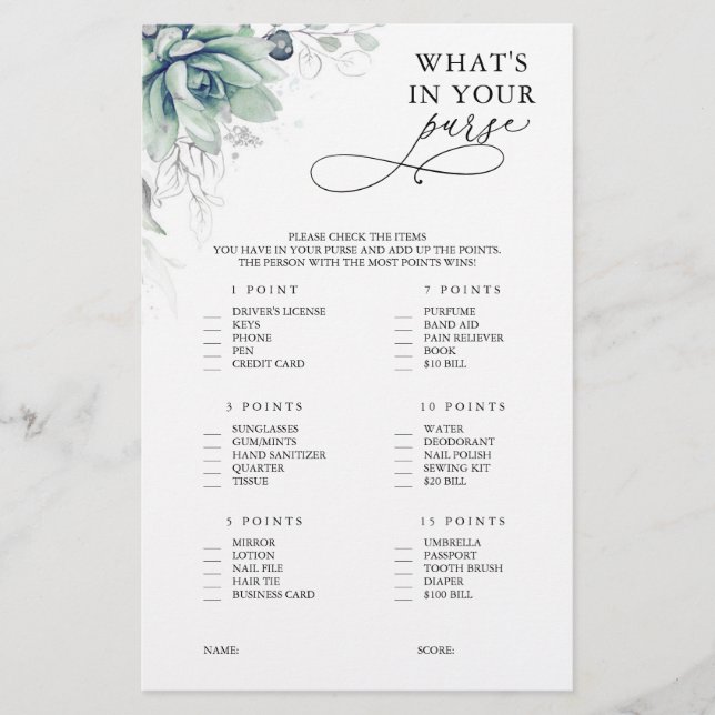 What Is In Your Purse Succulent Bridal Shower Game (Front)