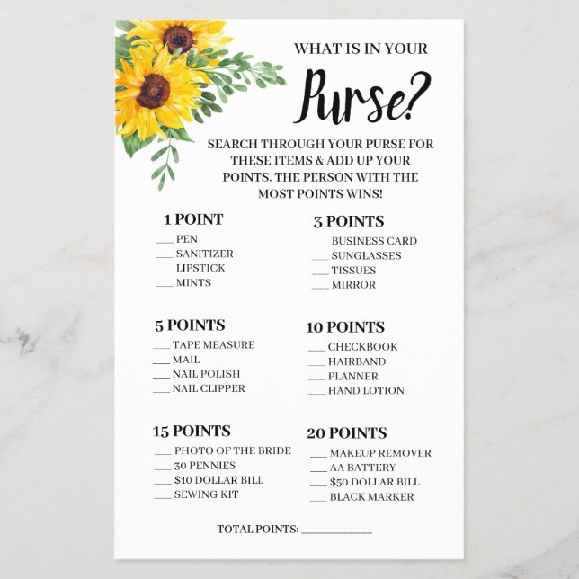 What is in your Purse Sunflowers Shower Game Card (Front)