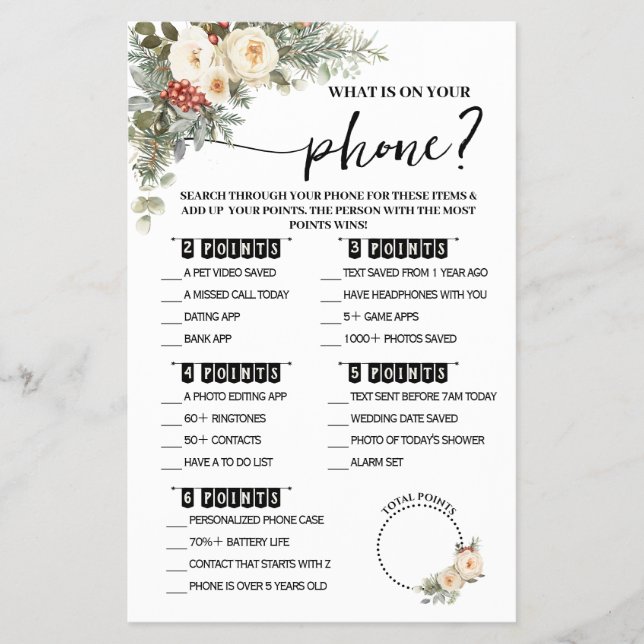 What is on Phone Winter Bridal Shower Game Card (Front)