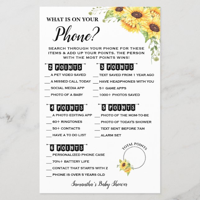 What is on your Phone Baby Shower Game Card (Front)