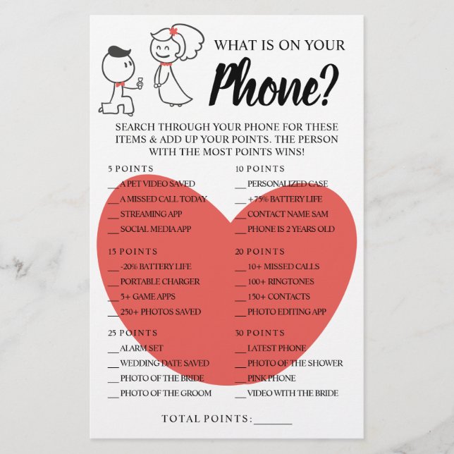 What is on your Phone Bridal Shower Game Card (Front)