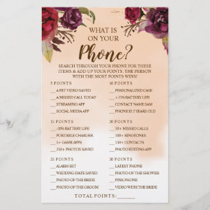 What is on your Phone Burgundy Shower Game Card