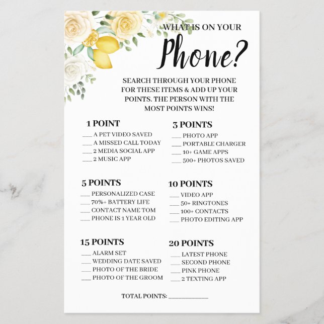 What is on your Phone Lemon&Roses Shower Game Card (Front)