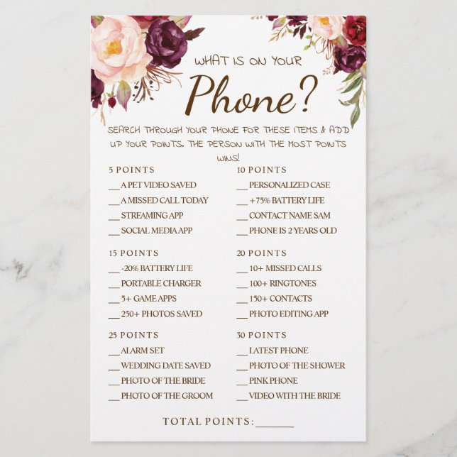 What is on your Phone Marsala Shower Game Card  (Front)