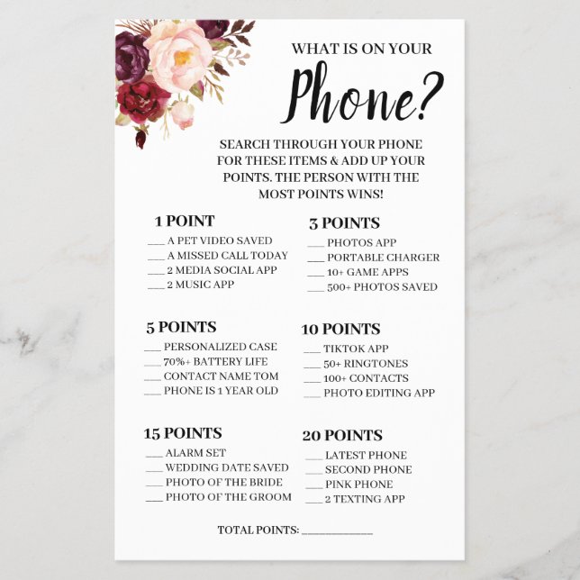 What is on your Phone Marsala Shower Game Card Fly (Front)