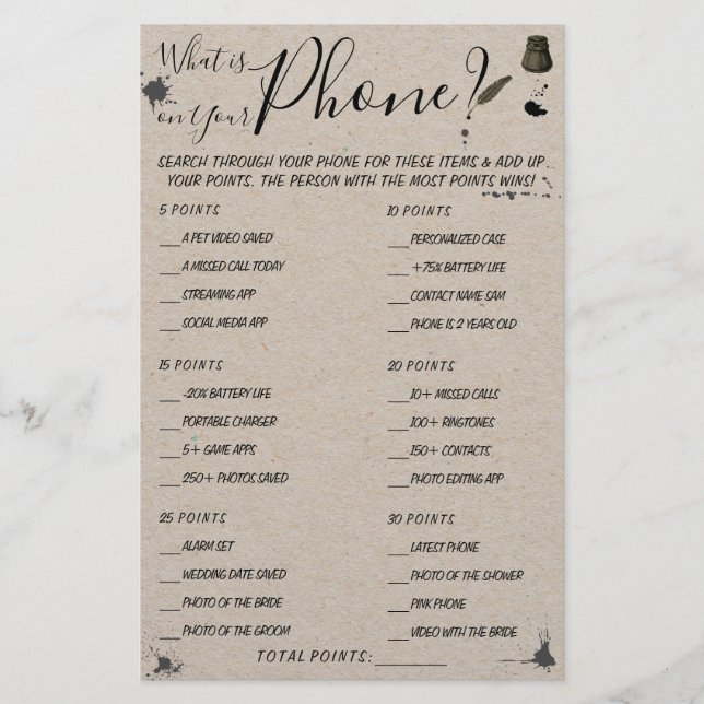 What is on your Phone | Shower Game Card (Front)