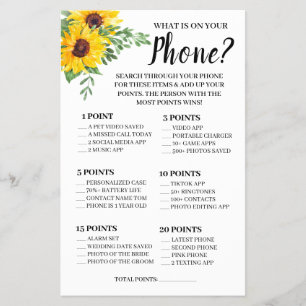 What is on your Phone Sunflowers Shower Game Card