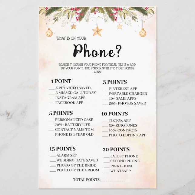 What is on your Phone Wedding Shower Game Card Fly (Front)