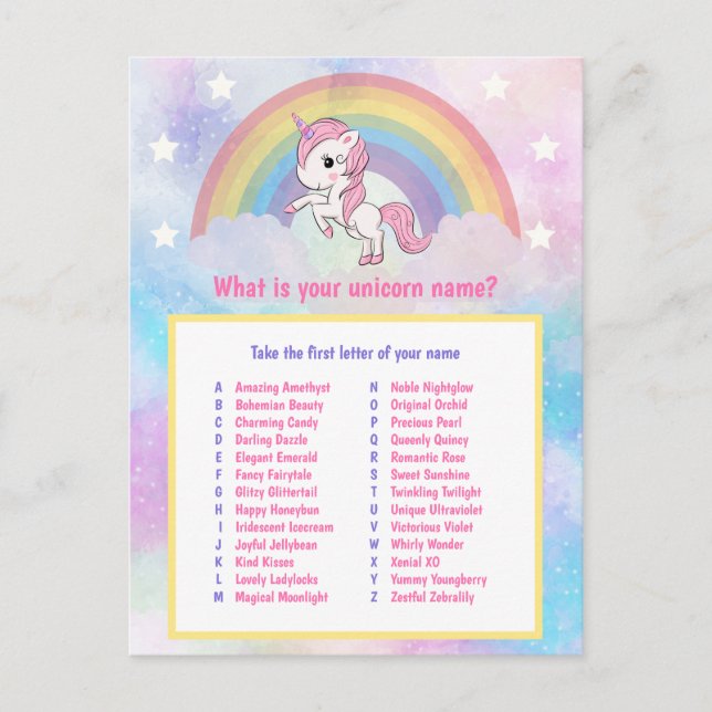What is Your Unicorn Name Game Postcard (Front)
