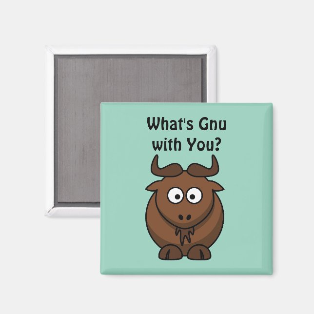 What’s Gnu, Funny Buffalo Cartoon Animal Pun Magnet (Front/Back)