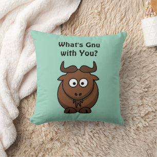 What’s Gnu, Funny Buffalo Cartoon Animal Pun Throw Pillow