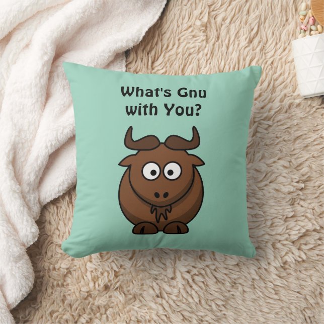 What’s Gnu, Funny Buffalo Cartoon Animal Pun Throw Pillow (Blanket)