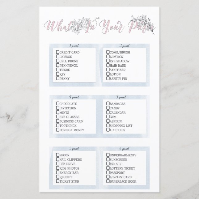 What’s in your Purse Botanical Bridal Shower Game (Front)