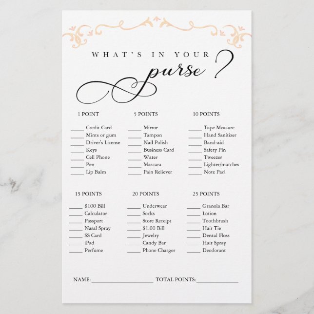 What’s in Your Purse? Bridal Shower Game – Elegant (Front)