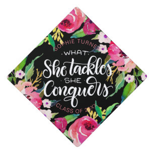 What she tackles she conquers - Graduation pink Graduation Cap Topper