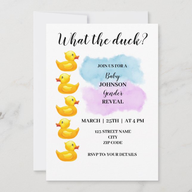 What the duck themed gender reveal invitation (Front)