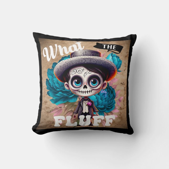 What the Fluff Sugar Skull Throw Pillow (Front)