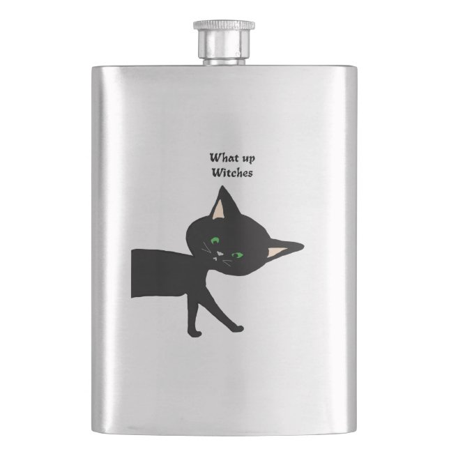 What Up Witches!  Funny Black Cat with Green Eyes Hip Flask (Front)